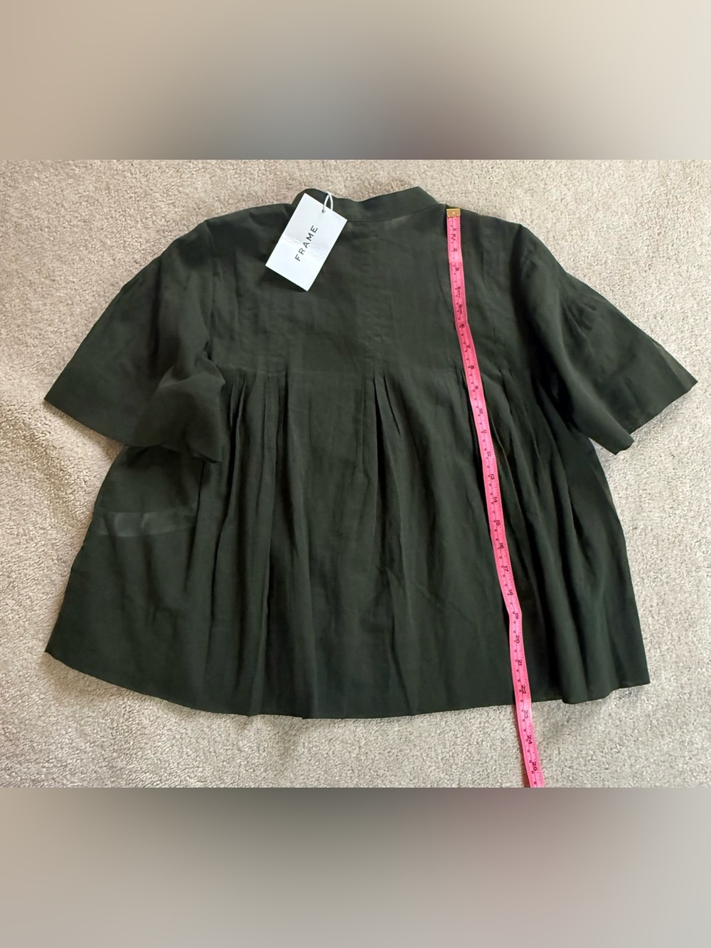 FRAME Dark Green Short-Sleeve Pintucked Button-Front Top - Picture 5 of 10